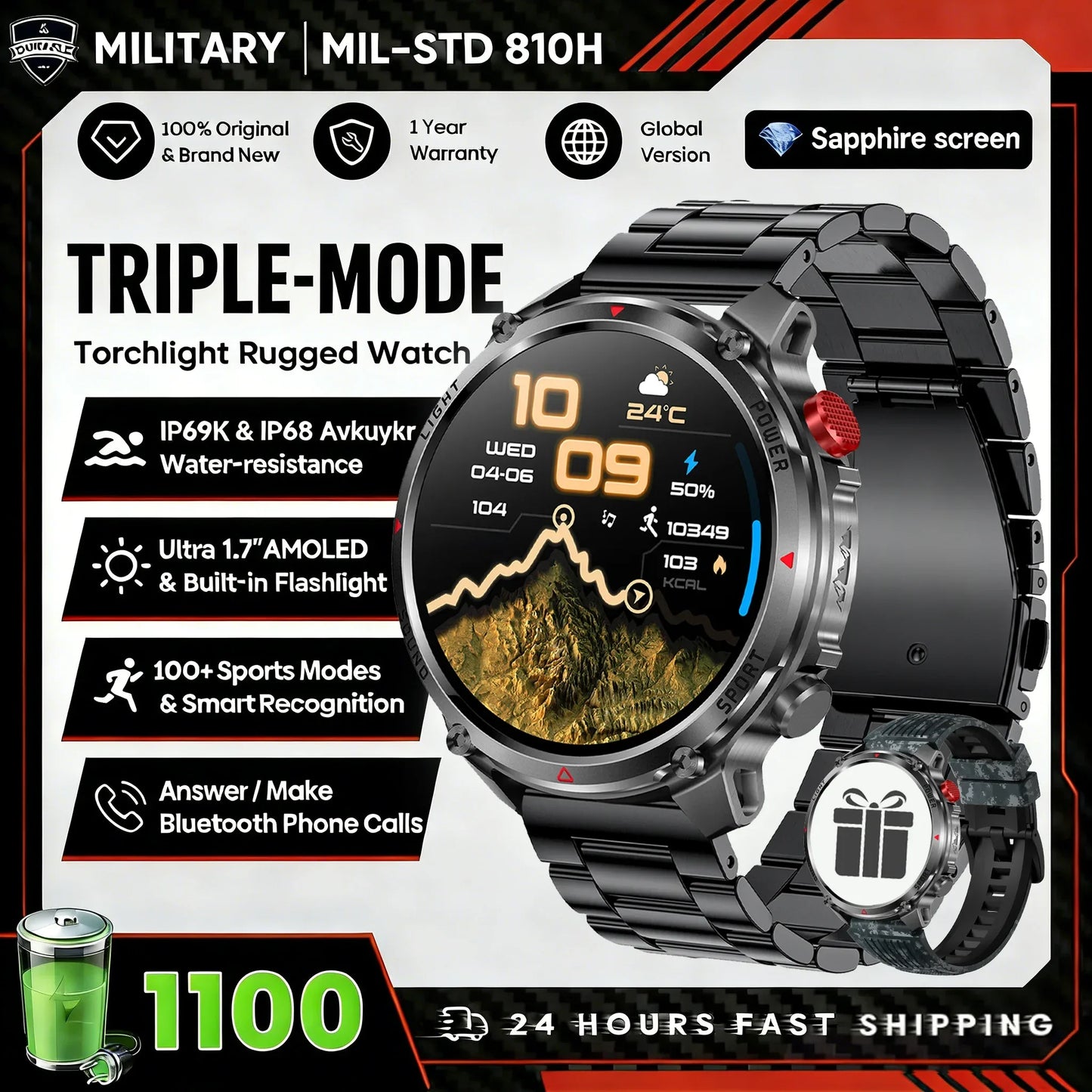2026 Edition Military Outdoor Sports Smartwatch 1.7-inch AMOLED screen 1100 mAh battery LED flashlight Bluetooth call Waterproof
