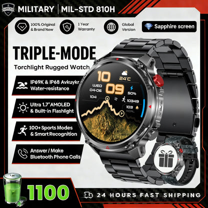 2026 Edition Military Outdoor Sports Smartwatch 1.7-inch AMOLED screen 1100 mAh battery LED flashlight Bluetooth call Waterproof