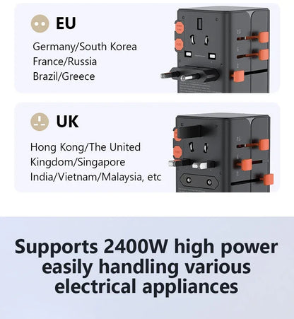 65W/45W/25W GaN Universal Travel Adapter with 2 USB 2 Type C Fast Charging All-in-one Travel Charger EU/UK/USA/AUS for Travel