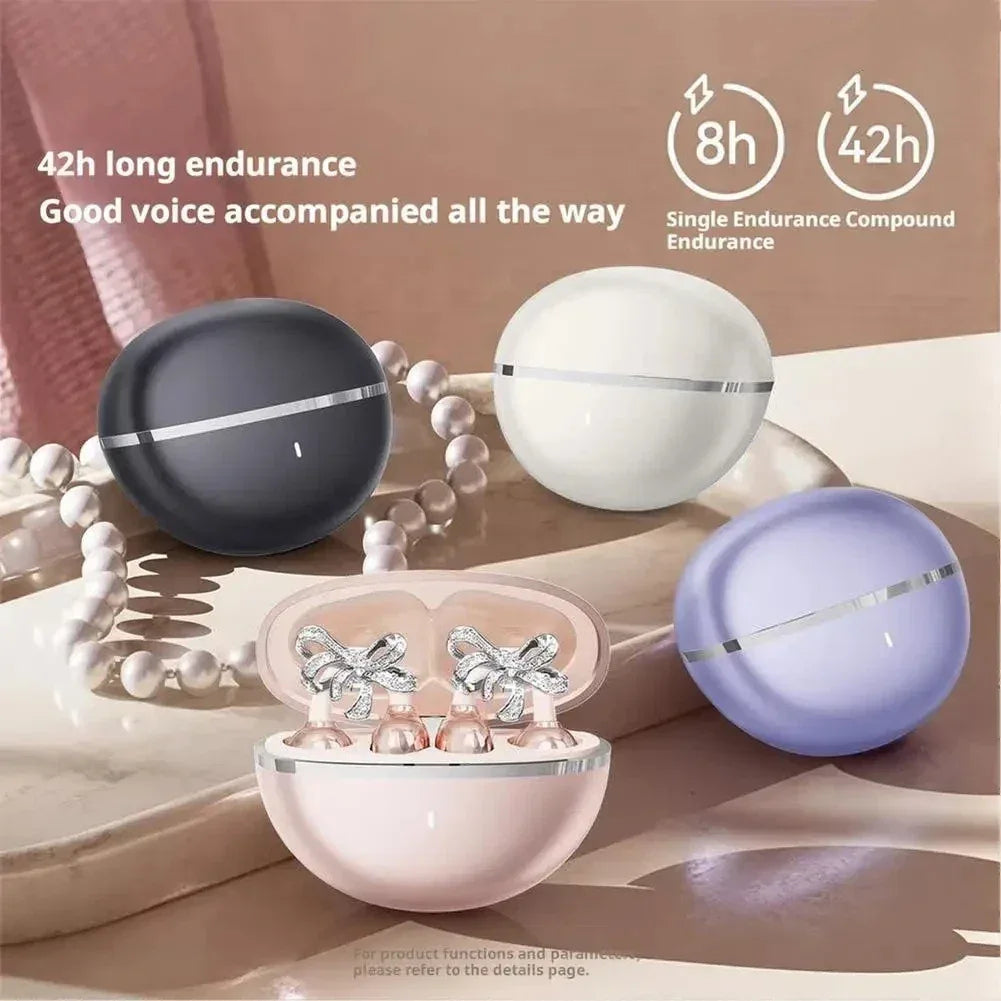 Vivo Clip-on Earbuds Wireless Bluetooth Open Ear Headphones with Detachable Crystal Bowknot Earrings For Sports Fitness Workouts