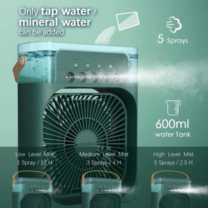 Portable Mini Air Cooler Humidifier Fan 3 Speed Mist Spray 7 Color LED 1/2/3 Hour Timer USB Desk Fan for Home Office Travel