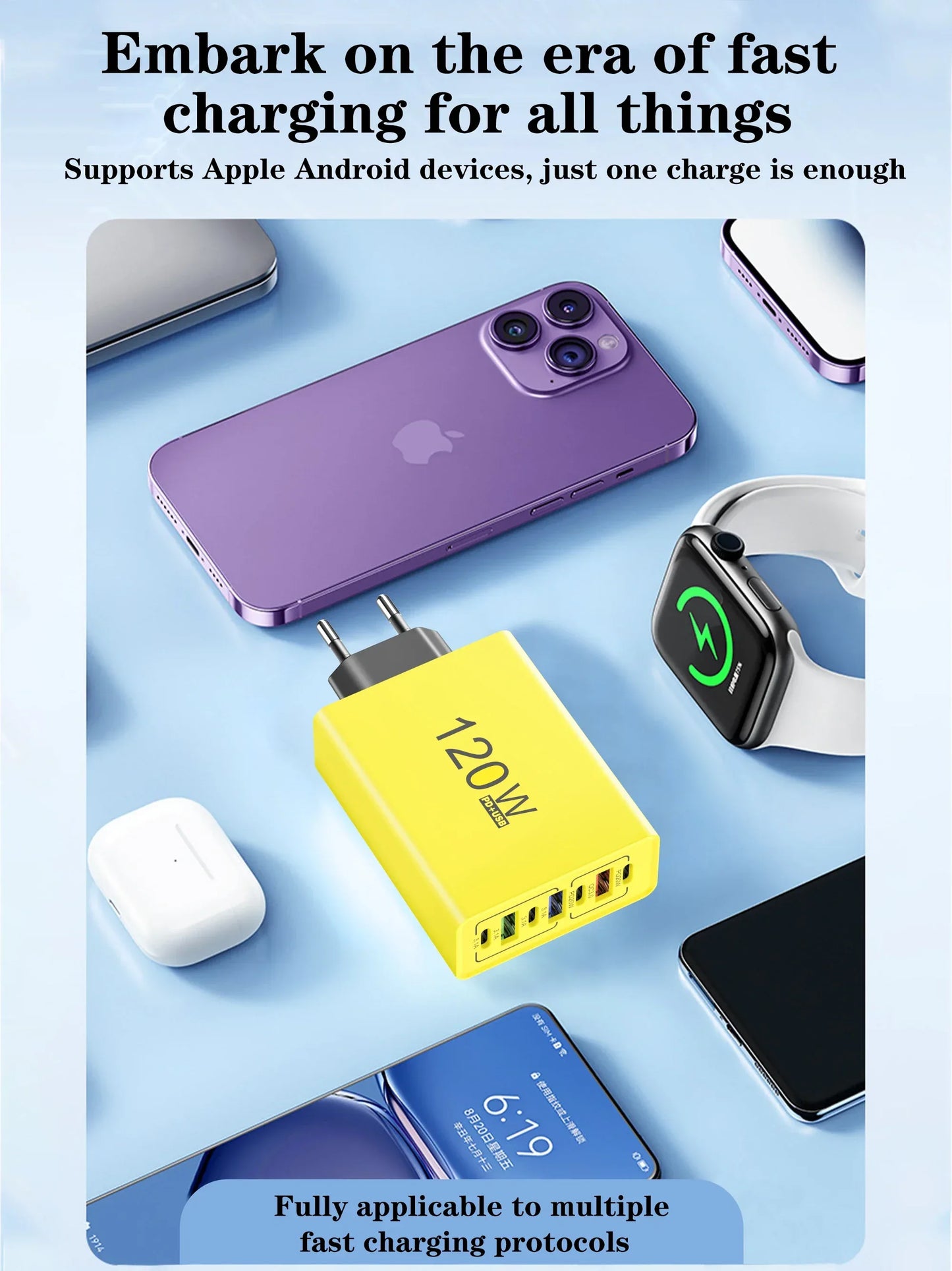 PD 120W USB Type C Fast Charging Mobile Phone Charger 7 Ports EU/US Plug Charger For iPhone Huawei Xiaomi Samsung Wall Charger