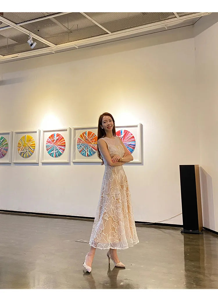 Fashion Slim O-Neck Long Party Casual Dress Hot Sale Summer Dresses Korean Retro Sleeveless Mesh Embroidery Vestidos