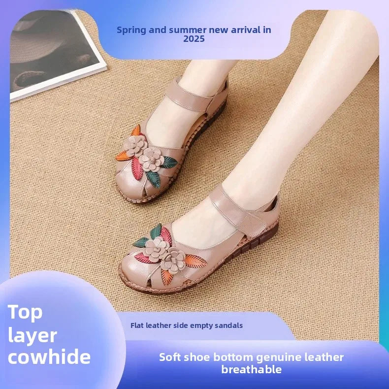 New 2025 Ladies Flat Sandals Soft Leather Anti-Slip Bottom Ethnic Style Comfortable Soft Surface Design for Elderly People