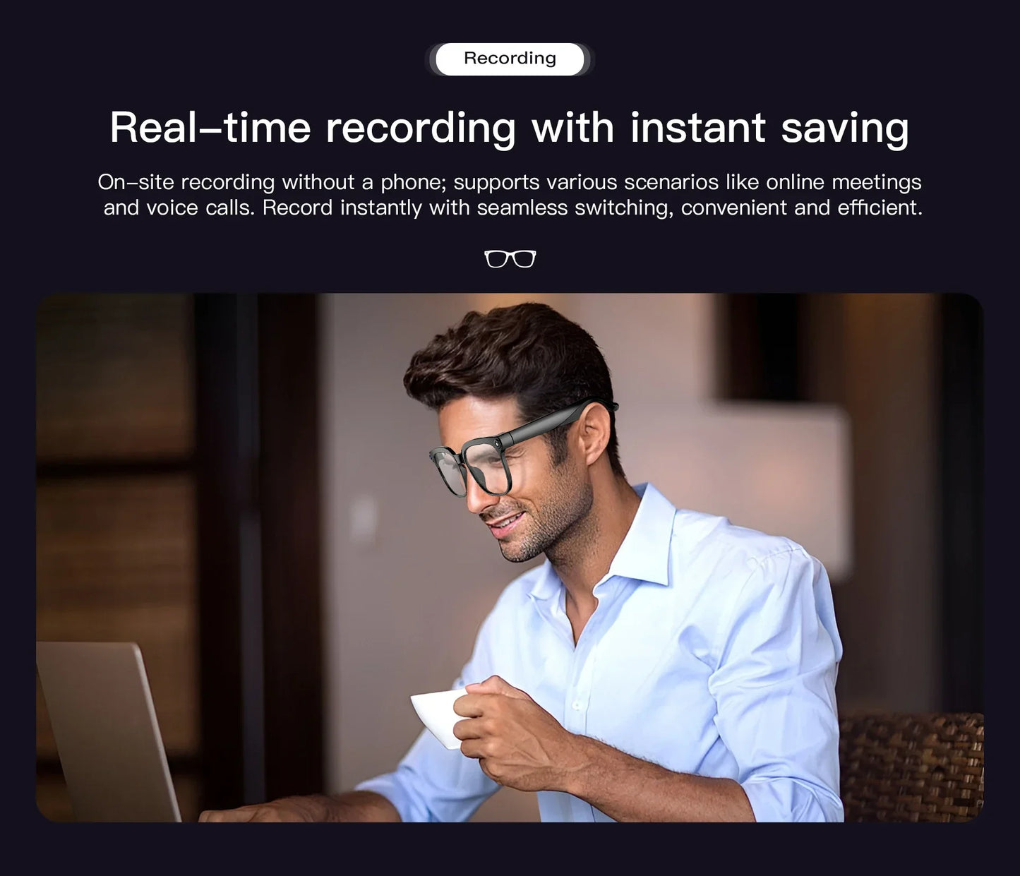Lunettes intelligentes avec traduction IA, prise de photos, reconnaissance d'objets, caméra 4K, Bluetooth, musique, appels et enregistrement intelligent.