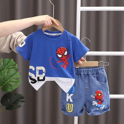 2025 Summer Baby Boys Spiderman Short Sleeve T-shirt+Jeans Sets Clothes Kids Fashion Clothing Outfits Children Sports Suits