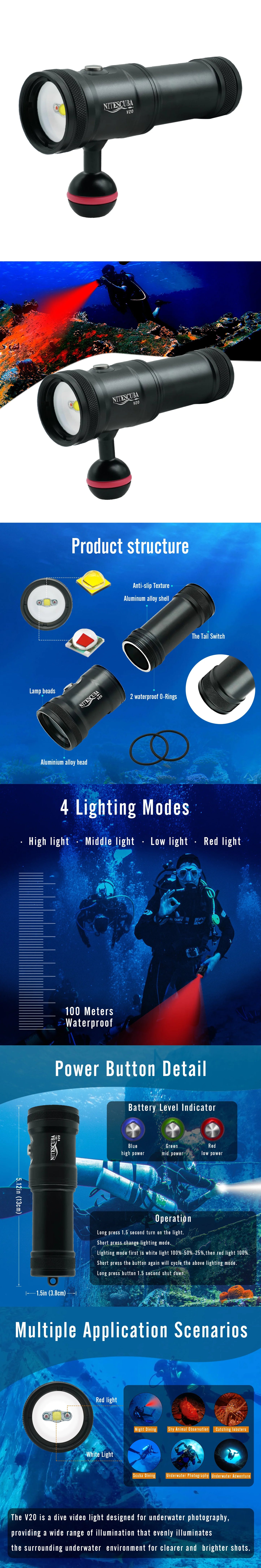 Nitescuba V20 Diving Led Video Light Glare 2000 Lumen Astigmatism Lamp Focus With Red Light Tg6 Gopro Underwater Photography