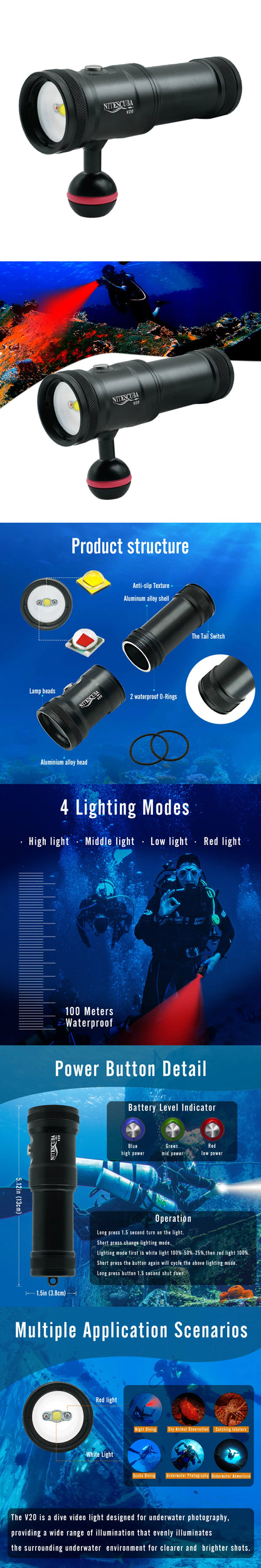 Nitescuba V20 Diving Led Video Light Glare 2000 Lumen Astigmatism Lamp Focus With Red Light Tg6 Gopro Underwater Photography