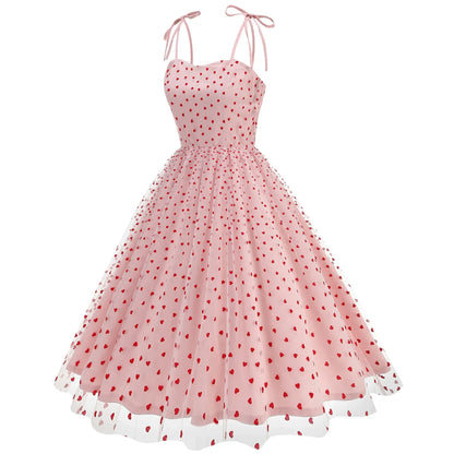 Knot Strap Strawberry Patchwork Vintage Dress 2025 Heart Flocking Valentine's Day Dress Women Birthday Party Pleated Mesh Dress
