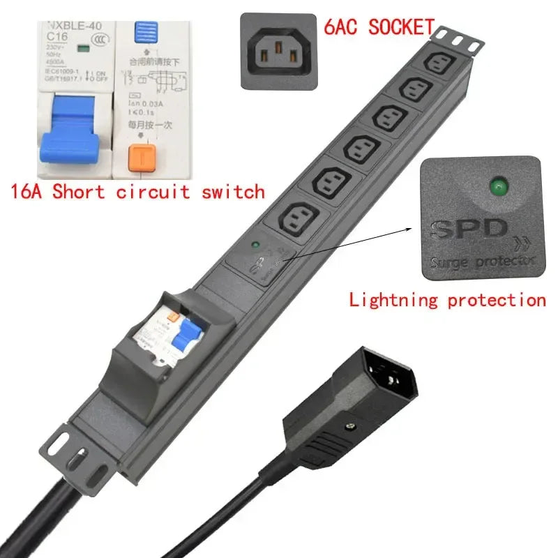19 inches PDU SPD ammeter overload protection air switch Short circuit switch module power strip  IEC-320 C13 output C14 PLUG