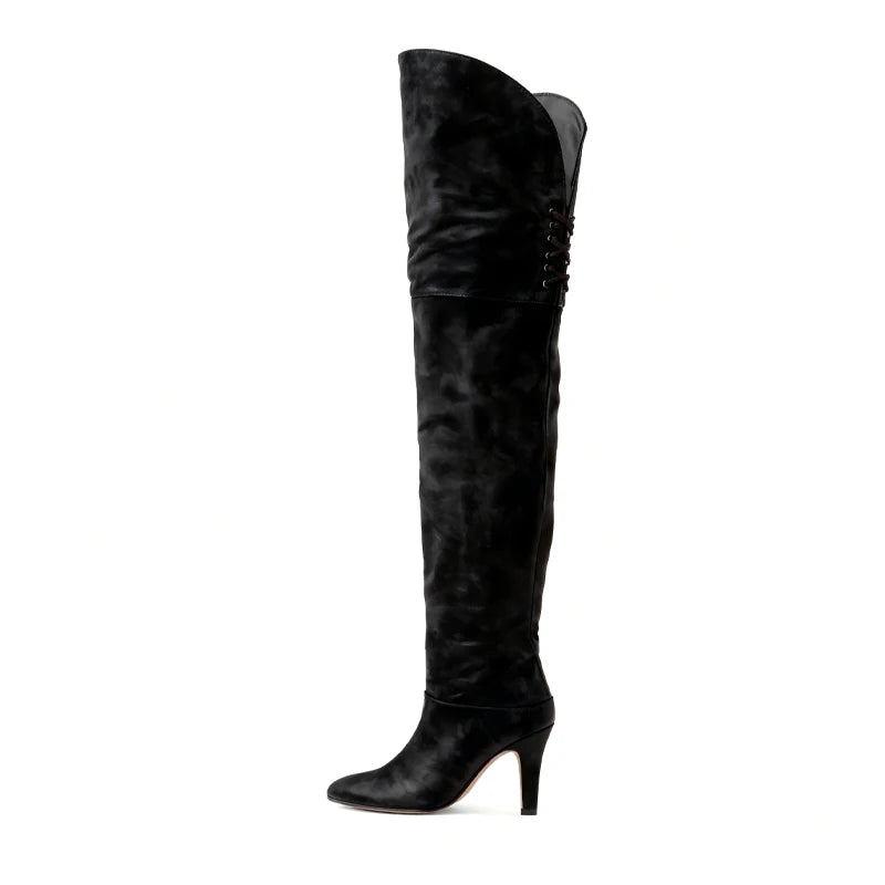 Autumn and Winter Women's Thick High-heeled Knee High Boots, Round Headed Cowhide Suede Fashionable Women's Plus Size Boots