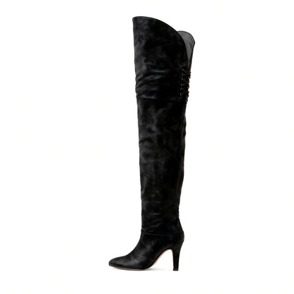 Autumn and Winter Women's Thick High-heeled Knee High Boots, Round Headed Cowhide Suede Fashionable Women's Plus Size Boots