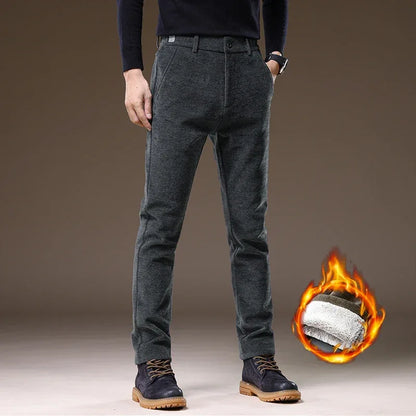 Casual Pants Men Winter New Fleece Business Elastic Waist Slim Korean Warm Thick Brushed Plush Trousers Male 28-38