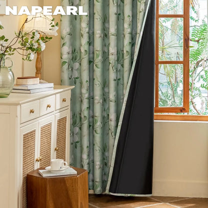 1PC European Style 100% Blackout Curtain for Bedroom Living Room Green Leaf Flower Printed Window Drapes Summer Curtains
