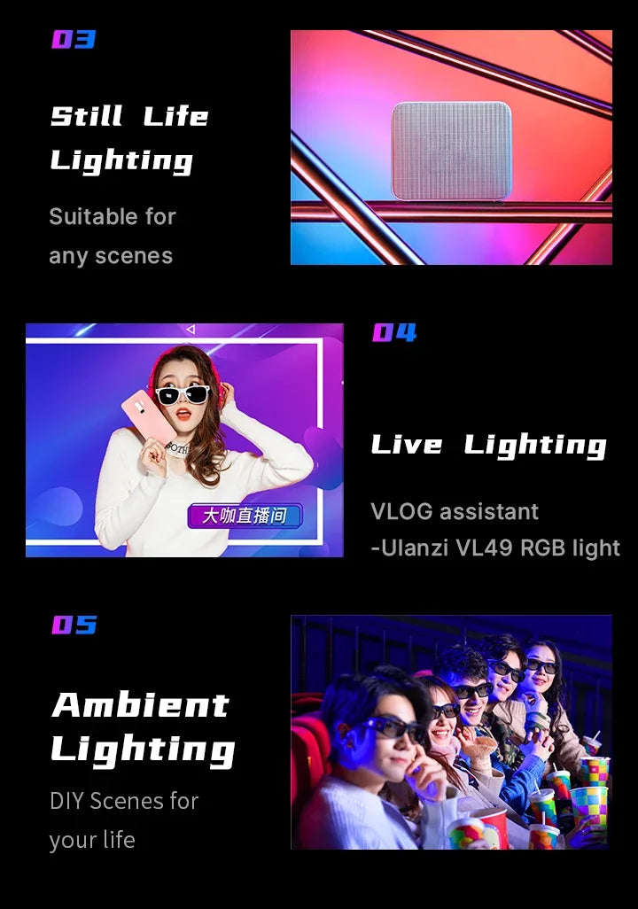 Ulanzi VL49 RGB Video Lights Mini LED Camera Light 2000mAh Rechargable LED Panel Lamp Photo Video Lighting for Youtube Tik tok