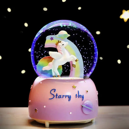 Unicorn Crystal Ball with LED Light Music Snow Globe Musical Box Resin Desktop Decoration Gift for Girls Kids Christmas Birthday