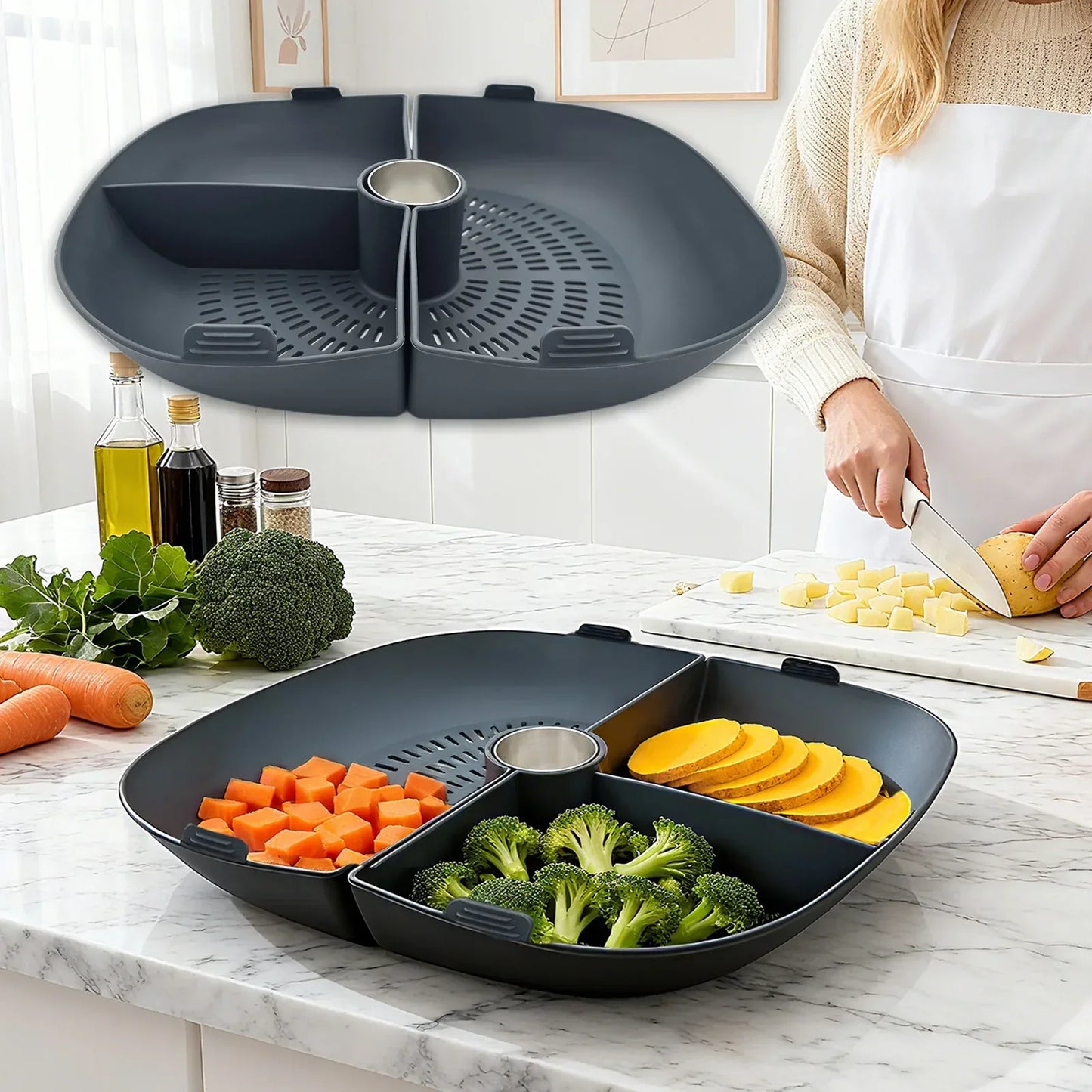 Silicone Grid Steaming Tray for Thermomix TM7, Silicone Divider Basket & Steam Pipe, Multilevel Cooking Accessories