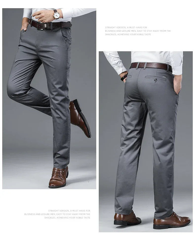 Autumn Classic Style Men's Beige Business Straight Casual Pants Stretch Cotton High Waist Solid Brand Trousers Khaki Green Black