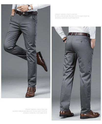 Autumn Classic Style Men's Beige Business Straight Casual Pants Stretch Cotton High Waist Solid Brand Trousers Khaki Green Black