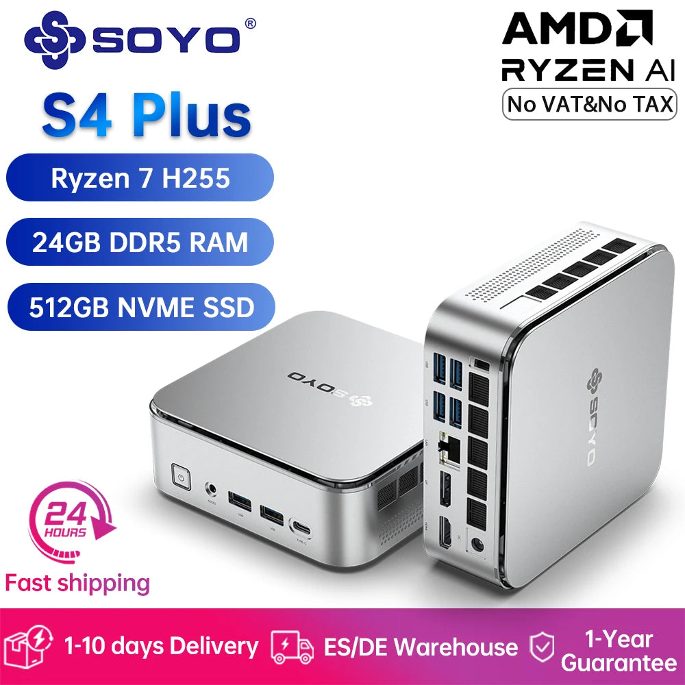 SOYO S4 Plus Mini PC AMD Ryzen 7 H255 CPU 24G DDR5 RAM (Upt 64GB)512GB SSD PCIE3.0 NVME WIFI6 BT5.2 Dual 4K@120Hz Gaming Computer