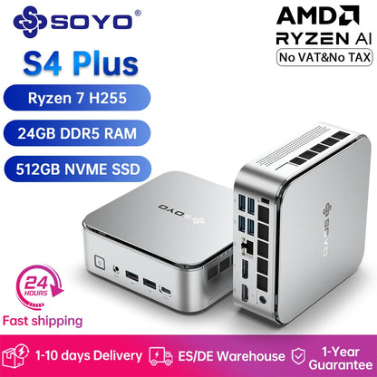 SOYO S4 Plus Mini PC AMD Ryzen 7 H255 CPU 24G DDR5 RAM (Upt 64GB)512GB SSD PCIE3.0 NVME WIFI6 BT5.2 Dual 4K@120Hz Gaming Computer