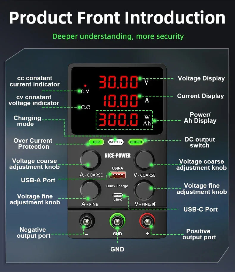 NICE POWER Adjustable DC Power Supply 12V/24V Lead-acid Battery Charging Auto-Stop When Full Reverse Polarity Protection Source
