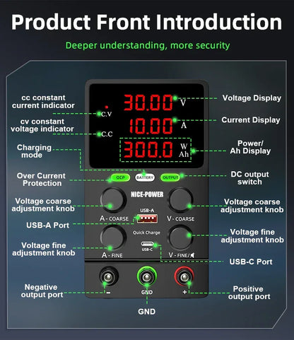 NICE POWER Adjustable DC Power Supply 12V/24V Lead-acid Battery Charging Auto-Stop When Full Reverse Polarity Protection Source