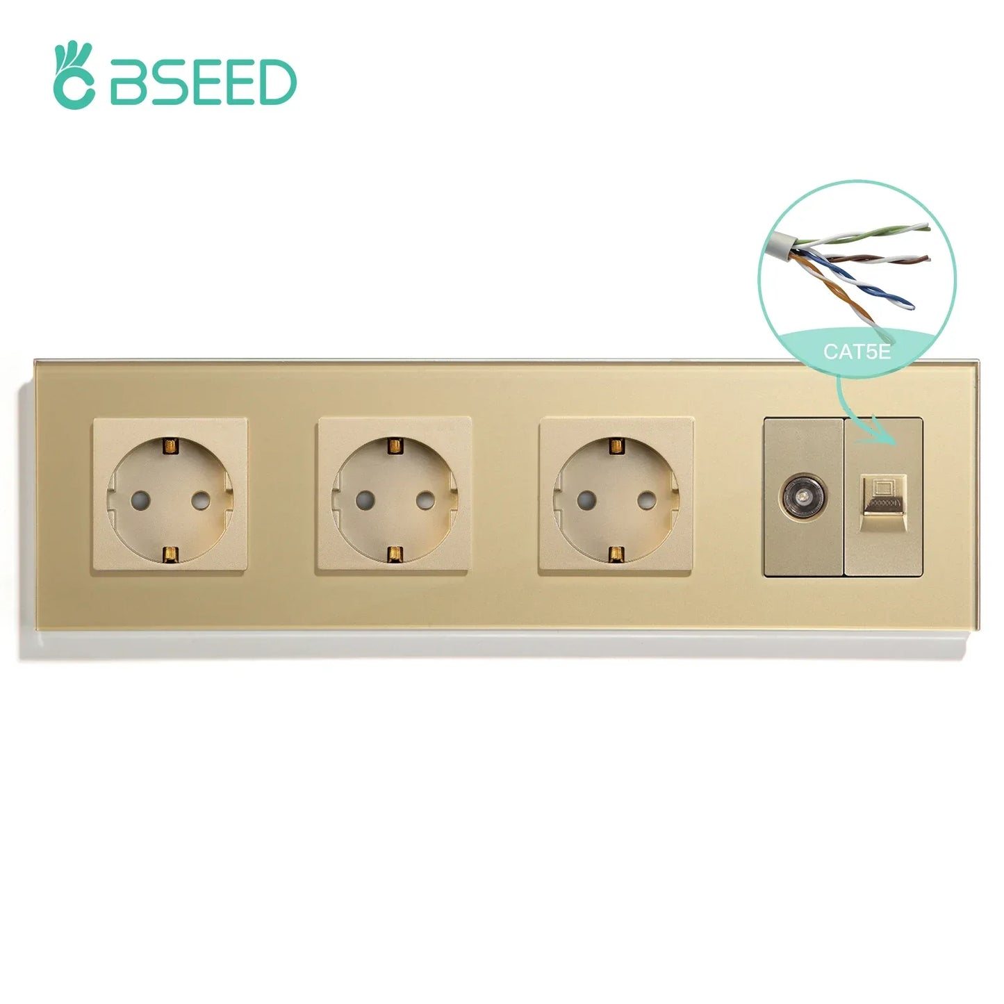 BSEED Single TV CAT5 Internet Socket Double EU Power Socket Triple Germany  With RJ45 Television Wall Sockets Glass Frame
