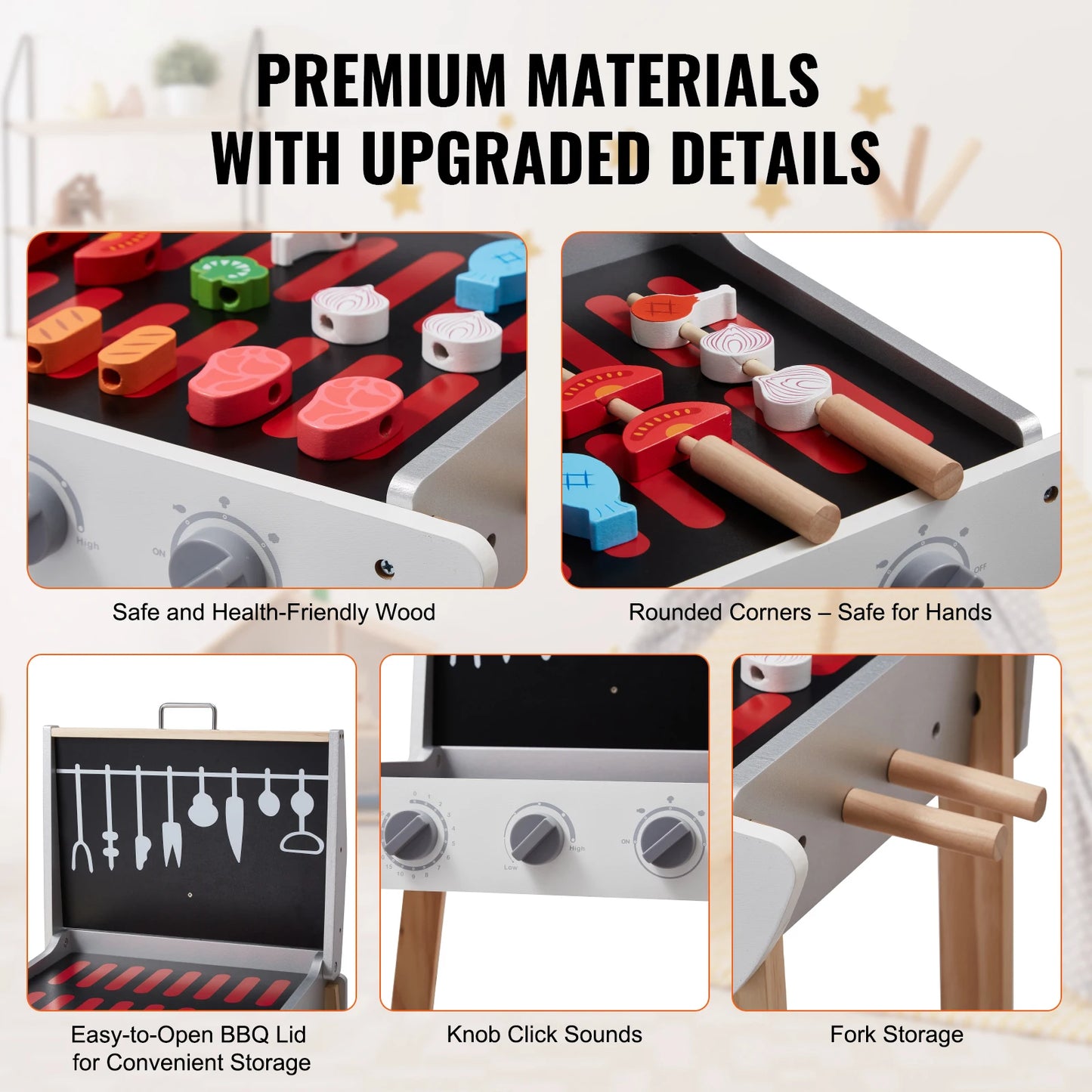 SucceBuy Simulation Kitchen Barbecue Toys Wooden Grill Toy Set Montessori Pretend Play Food BBQ Toy Playset for Kids Girls Gifts