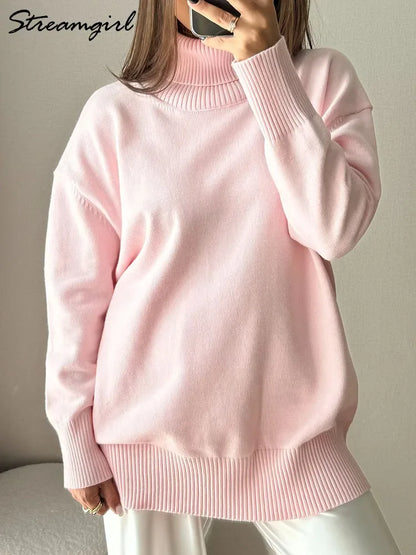 Winter Pink Turtleneck Sweaters Women Oversized Autumn Warm Women's Jumper Loose Basic White Turtleneck For Women Pullovers