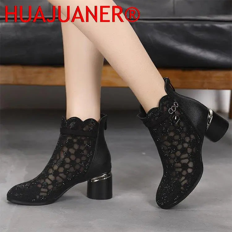 2025 Spring Summer Fashion Rhinestones Gauze Sandals Thick Heels Mesh Autumn Ankle Boots Female Hollow Women's Shoes