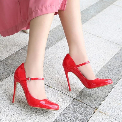 Women Patent Leather High Thin Heel Shoes Ankle Strap Women Pumps for Office Nightclub Party Wedding Cross Dressing Wide Shoes