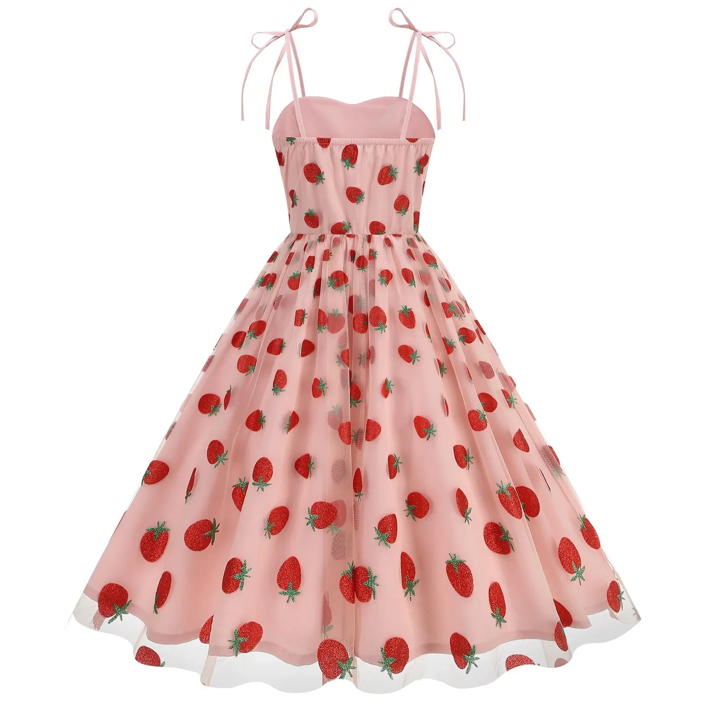 Knot Strap Strawberry Patchwork Vintage Dress 2025 Heart Flocking Valentine's Day Dress Women Birthday Party Pleated Mesh Dress