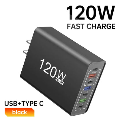 PD 120W USB Type C Fast Charging Mobile Phone Charger 7 Ports EU/US Plug Charger For iPhone Huawei Xiaomi Samsung Wall Charger