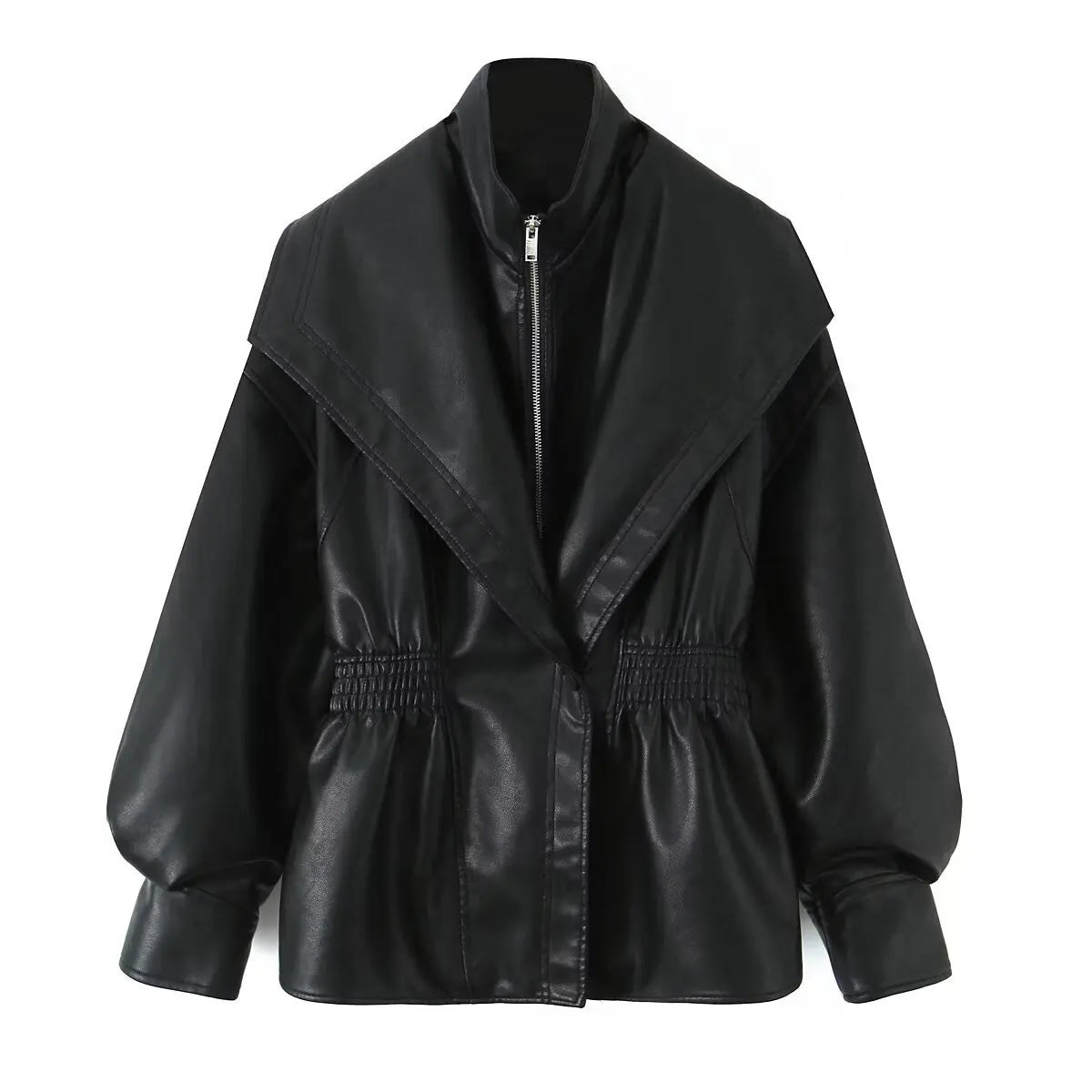 Veste en cuir marron à taille élastique pour femme, style décontracté, col à revers et fermeture éclair, collection automne-hiver.