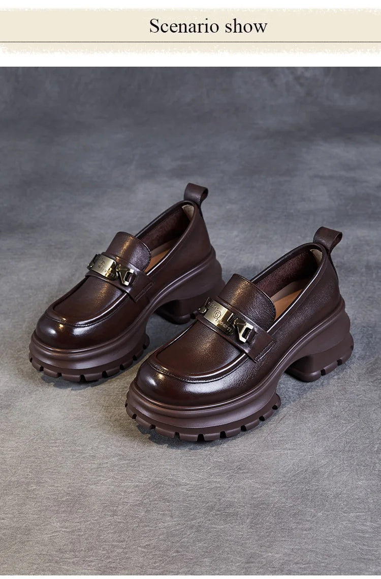 DRKANOL Women Genuine Leather Loafers 2026 Spring Autumn Thick High Heel Chunky Platform Handmade Retro Metal Trend Casual Shoes