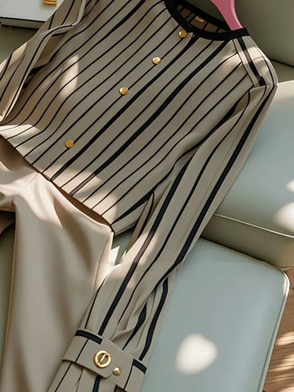 Autumn Korean Fashion High End Long Sleeve Stripe Shirt High Waist Slim Suit Pants Formal Commuter Two Piece Set Women Outfits