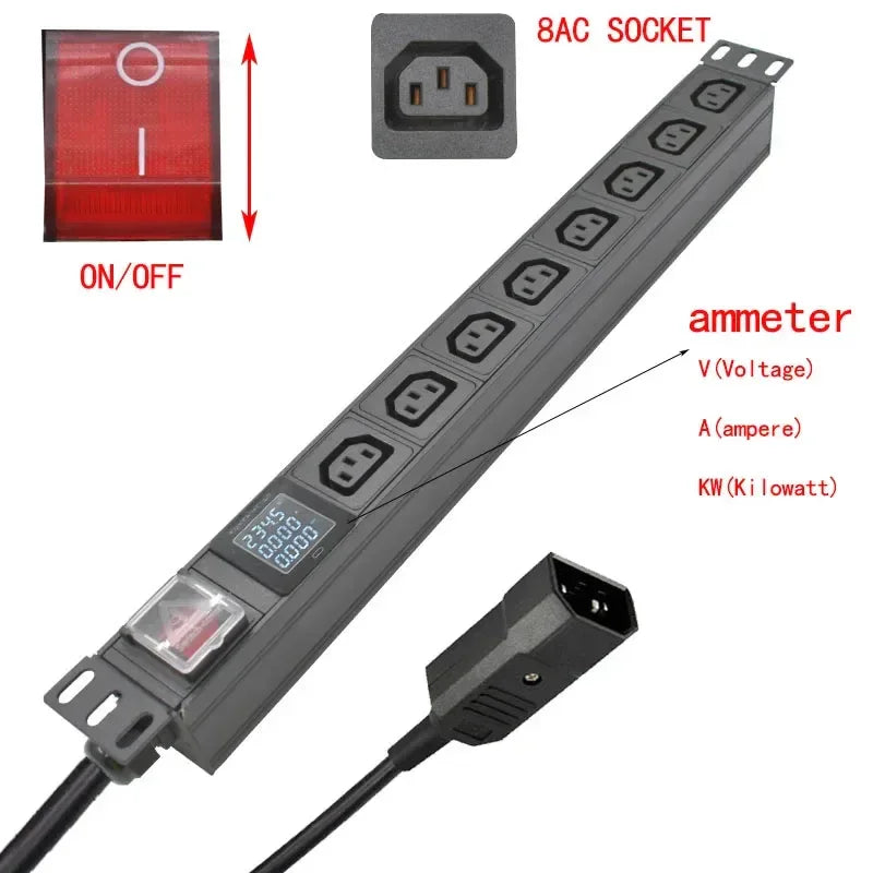 19 inches PDU SPD ammeter overload protection air switch Short circuit switch module power strip  IEC-320 C13 output C14 PLUG