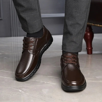 Autumn Men's Leather Shoes True Cowhide Flat Bottom Anti-Slip Plus Size Casual Elderly Father Shoes Rubber Sole China Made