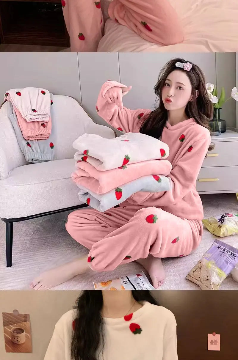 Women Pyjamas Sets 2025 Autumn Winter Warm Flannel Strawberry Coral Long Sleeve Girls Sleepwear Casual Fleece Pajamas Homewear
