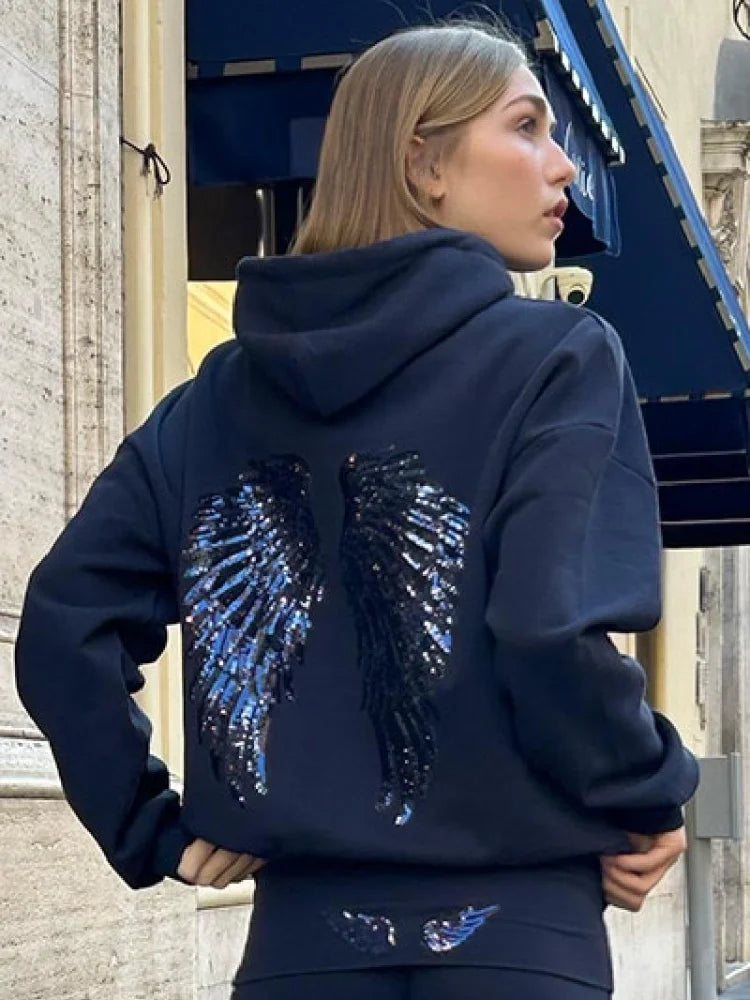 Chic Navy Blue Sequin Angle Pattern Hoodie Sweatsuit Long Sleeve Loose High Street Pullover 2025 New Lady Autumn Winter Coats
