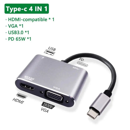 USB C HUB Adapter 4-in-1 with USB 3.0 HDMI VGA for MacBook Nintendo Samsung Huawei Xiaomi Laptop Desktop Computer