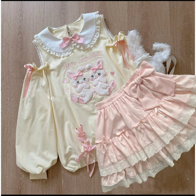 Japanese Sweet Lolita 2 Piece Sets Women Cute Bow Cartoon Bunny Off Shoulder T-shirts Pink Cake Mini Skirts Kawaii Y2k Outfits