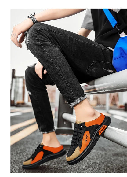 Half Slippers Men Low-top Canvas Shoes Casual Breathable Sneakers Korean Style Autumn Lace Up Casual Non-slip Trainers