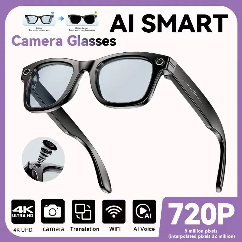 Lunettes de soleil intelligentes 2025 avec intelligence artificielle, caméra vidéo 8 MP, traduction, appels Bluetooth, lecture de musique, enregistrement vidéo (plus de 100 vidéos) pour hommes et femmes.