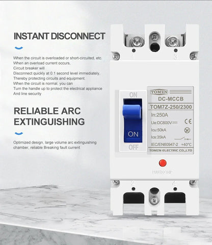 TOMZN 2P DC MCCB 600V Solar Molded Case Circuit Breaker Overload Protection Switch Protector for Solar Photovoltaic PV