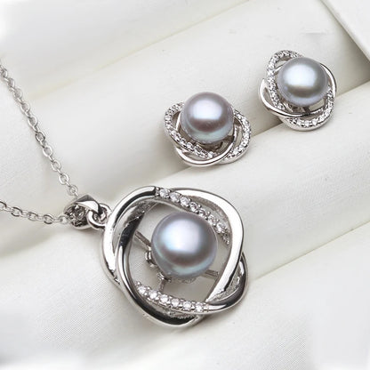 Real 925 Sterling Silver Necklace Earring Sets Women,Classic Wedding Natural Pearl Pendant Sets White Black Grey Gift