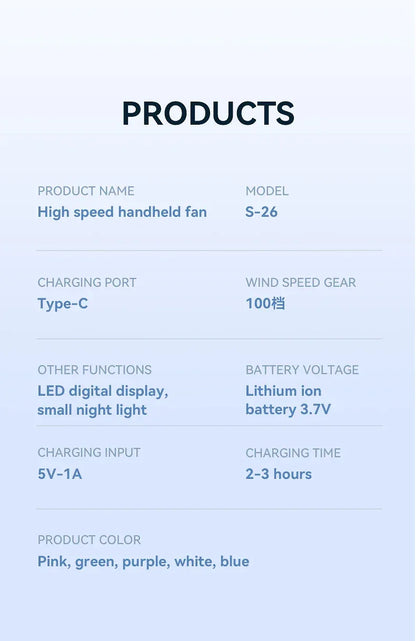 Night Light Cooling Fan 5000mAh Handheld Cooling Fan Portable Handheld Turbo Fan 100 Wind Speeds Adjustable Mini Personal Fan
