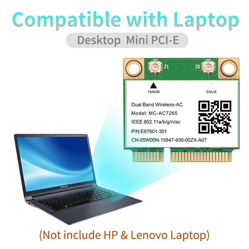 MC-AC7265 1200Mbps Bluetooth 4.2Mini PCI-E Interface 2.4G 5Ghz Wifi Card For Laptop