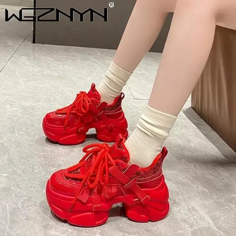 8CM Women Bling Red Chunky Sneakers Winter High Platform Warm Fur Shoes Ladies Wedges Casual Dad Shoes Leather Sports Sneakers